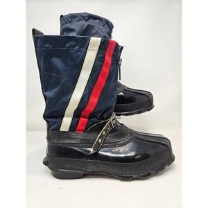 Mens Navy Blue Winter Snow Boots Size 8 Rubber Lower Nylon Upper Stripe Accents